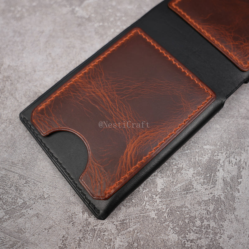 Handcrafted Leather Wallet & Card Case - Black Buttero & Brown Oil Wax