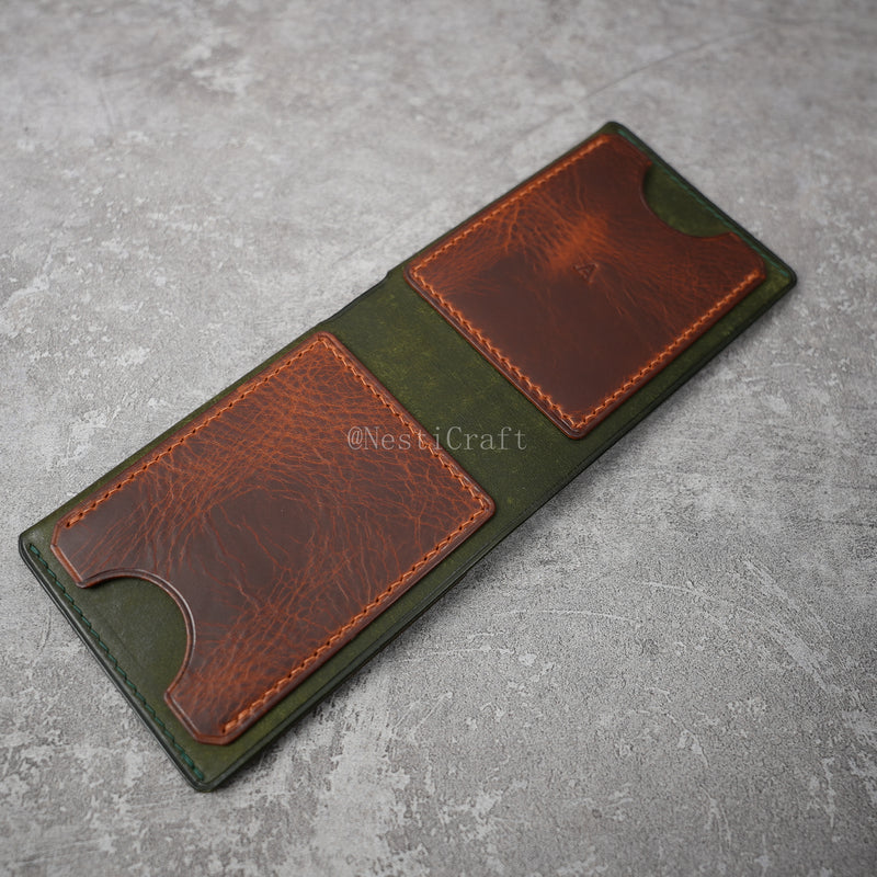 Handmade Two-Tone Olive Green Pueblo & Brown Waxed Leather Wallet