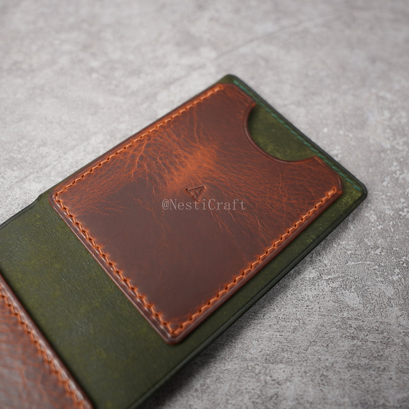 Handmade Two-Tone Olive Green Pueblo & Brown Waxed Leather Wallet