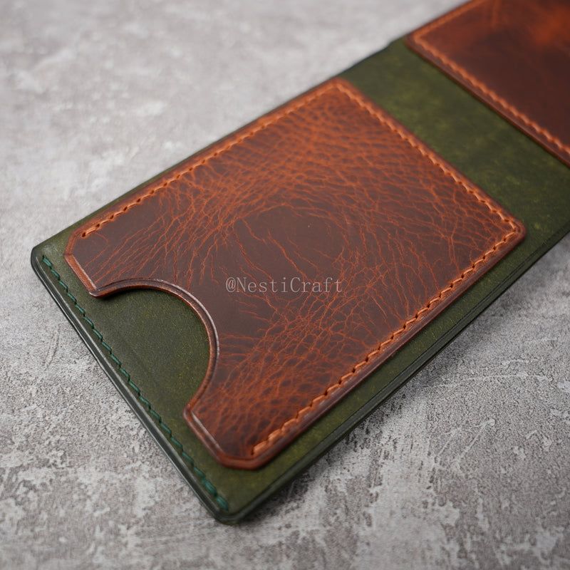 Handmade Two-Tone Olive Green Pueblo & Brown Waxed Leather Wallet