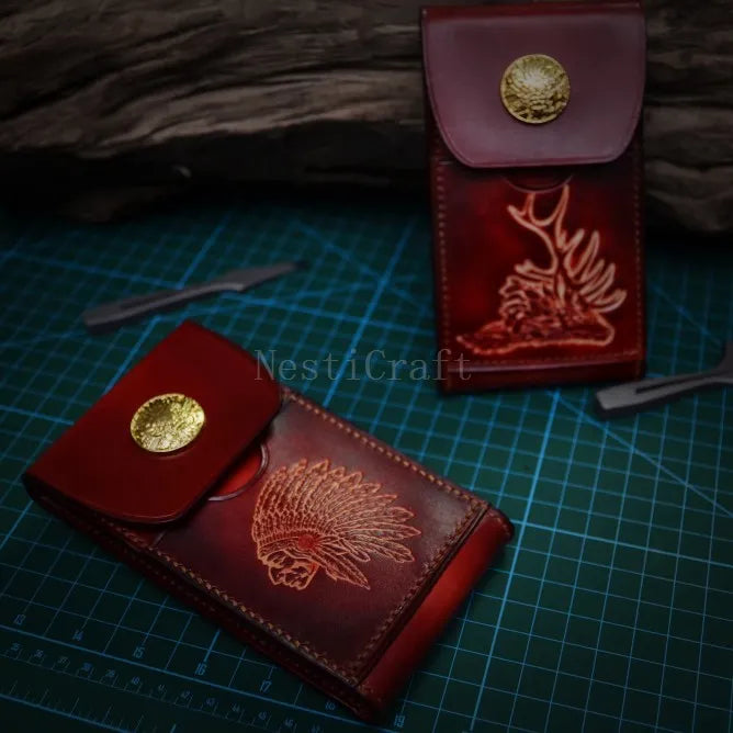 Handmade Top-Grain Leather Phone Pouch / Case with Embossed Artwork by Nesti Craft