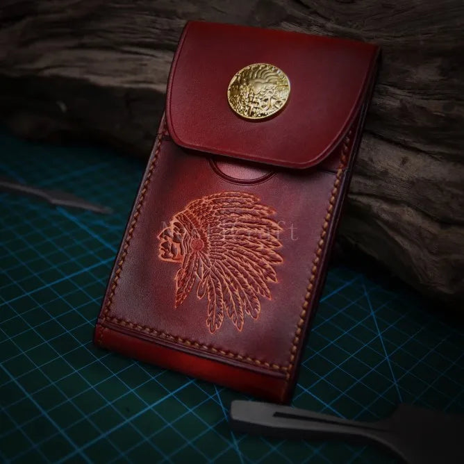 Handmade Top-Grain Leather Phone Pouch / Case with Embossed Artwork by Nesti Craft