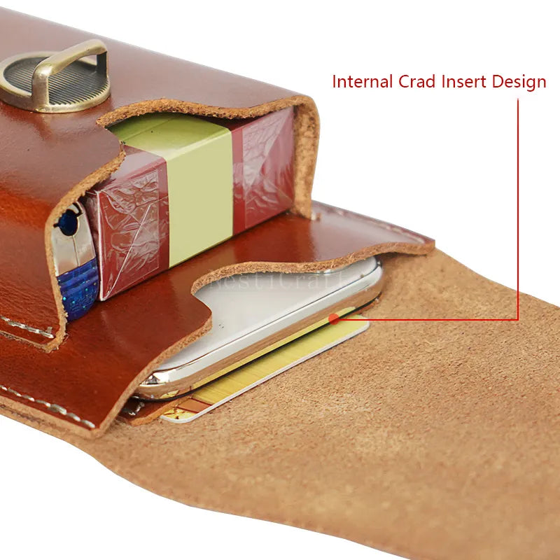 Top-Grain Leather Dual-Layer Phone Waist Bag with Cigarette Holder