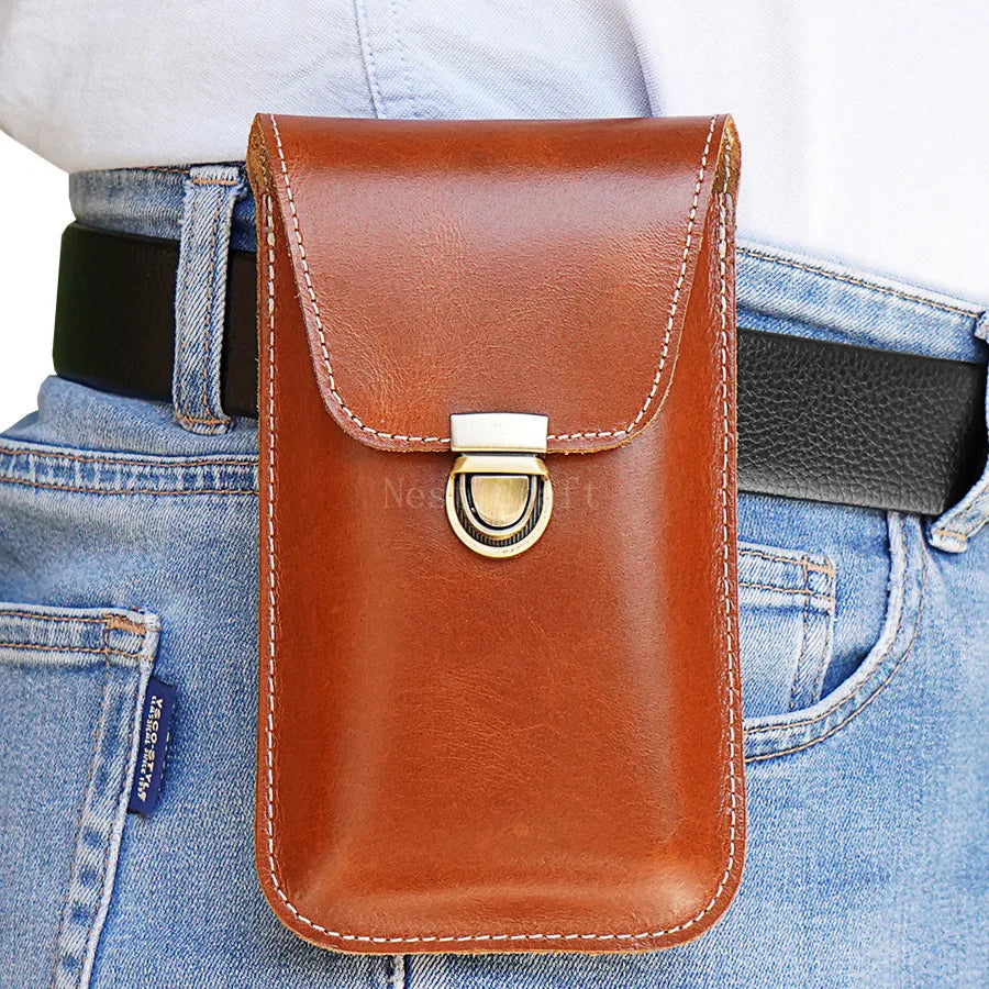 Top-Grain Leather Phone Holster with Belt Loop & Hook Clip for Dual Carry