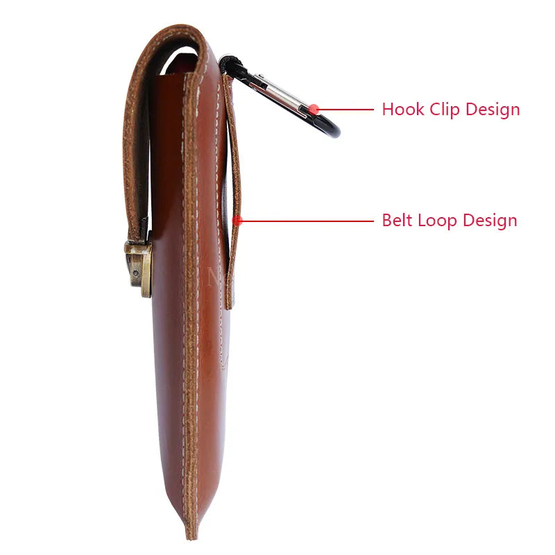 Top-Grain Leather Phone Holster with Belt Loop & Hook Clip for Dual Carry