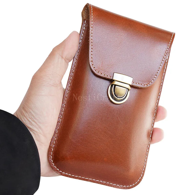 Top-Grain Leather Phone Holster with Belt Loop & Hook Clip for Dual Carry