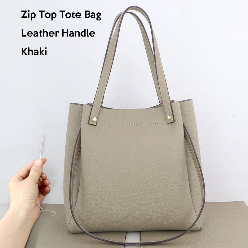 Zip - Top Tote Bag DIY Kit – Babylon Leather - Babylon LeatherBabylon LeatherSY14 - Leather Handle - Matching Color - Lychee Pattern Leather - Khaki